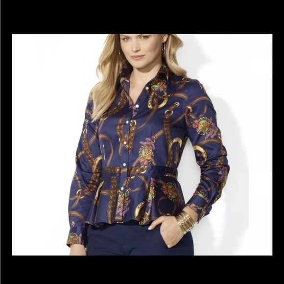 Lauren Ralph Lauren Equestrian Peplum Shirt 14 Button Front Blue - Picture 2 of 9